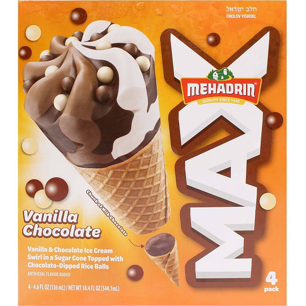Mehadrin Max Cone Vanilla Chocolate, 4 Pack, 4.6 Oz | Kosher West - Grocery  Delivery In The Lakewood Area, image size:1000x1000